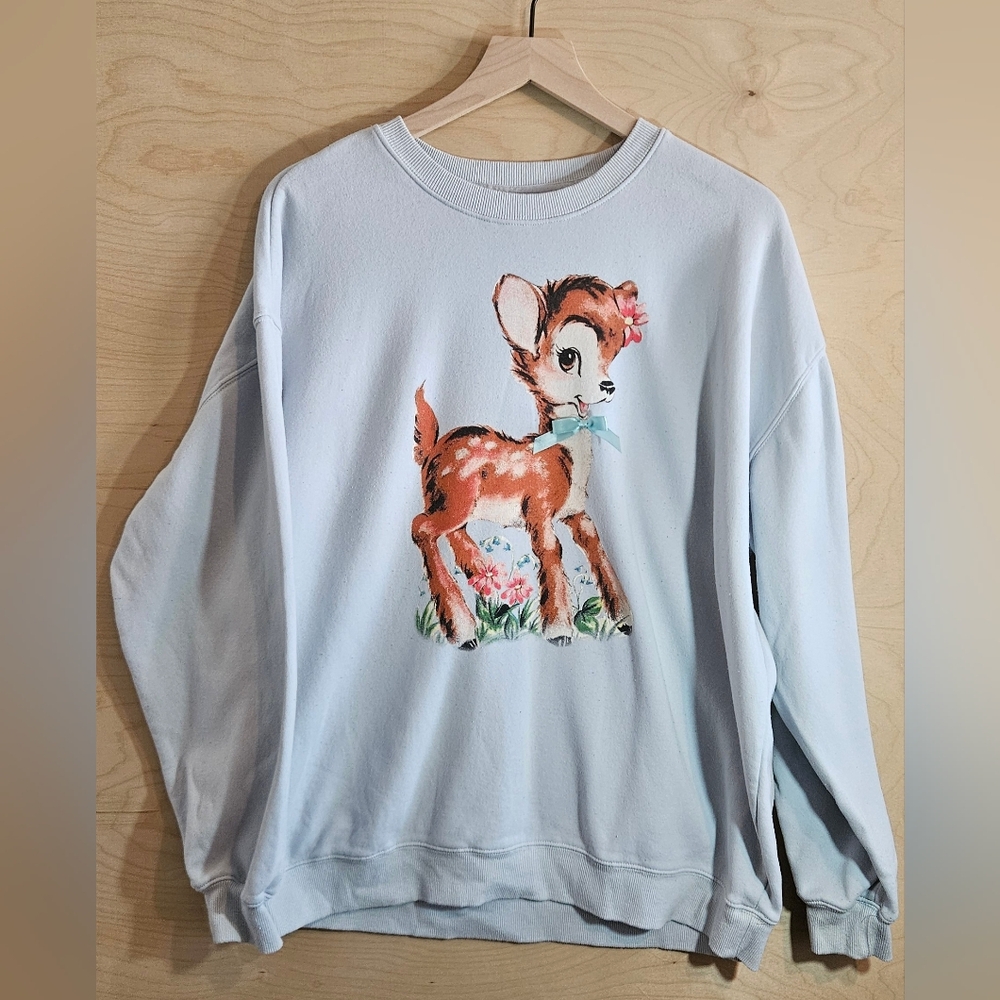 Womens Light Soft Blue Cute Bambi Style Pullover Sweatshirt XL